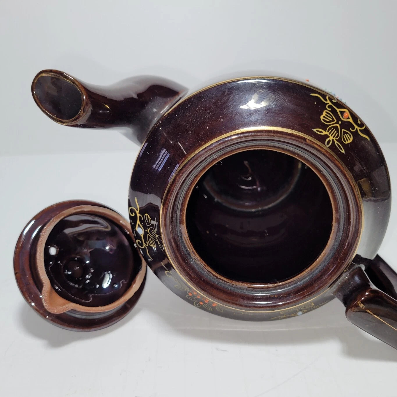 Vintage Moriage Style Teapot Redware Brown Raised Enamel Hand Painted Japan