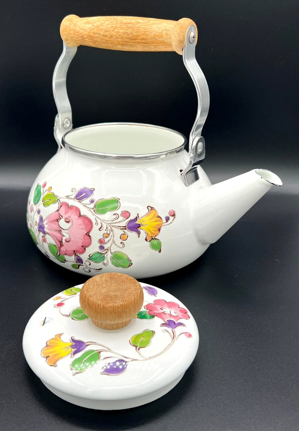GAILSTYN SUTTON Vintage Enamel Ware Metal Teapot 1983 Floral Foliage II EUC