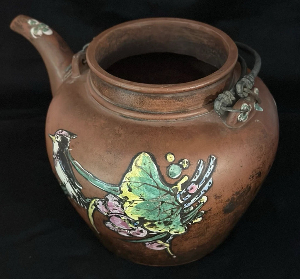 ANTIQUE CHINESE YIXING ZISHA CLAY TEAPOT WITH ENAMELED FLORAL & BIRD DECORATIONS