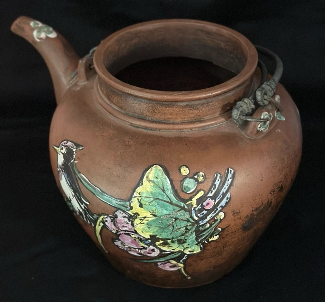 ANTIQUE CHINESE YIXING ZISHA CLAY TEAPOT WITH ENAMELED FLORAL & BIRD DECORATIONS