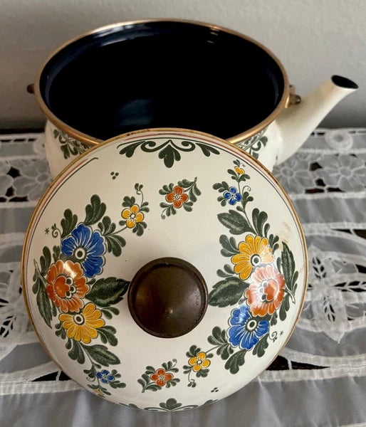 ASTA Enamelware Tea Kettle 1960s Amsterdam Teapot Brass Handles Floral 🌺