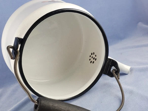 Vntg White ENAMEL TEA KETTLE Colorful Fruit Bowl Decoration Wire & Wood Handle