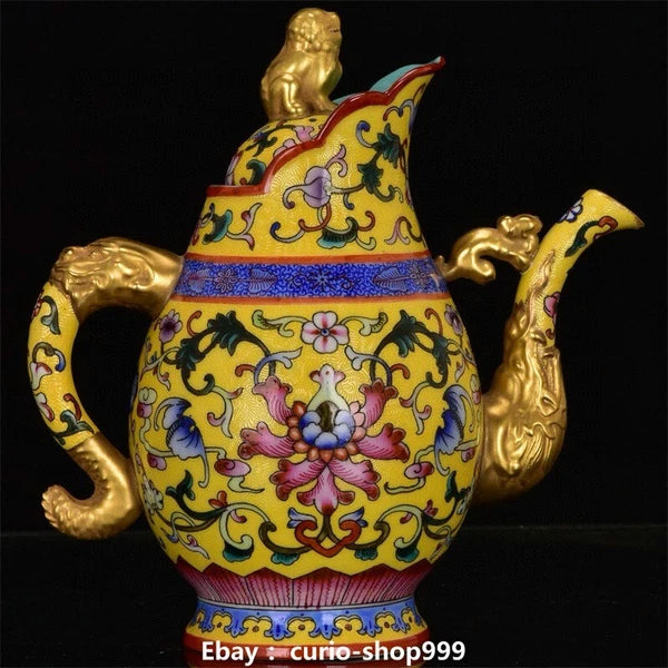 8" Qianlong Enamel Colour Porcelain Gilt Flower Beast Head Wine Tea Pot Flagon