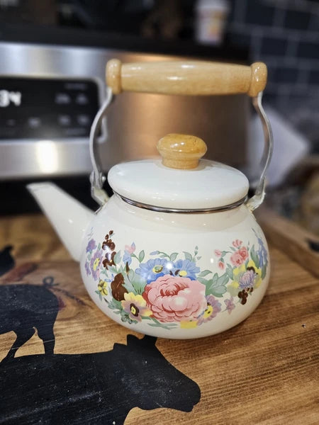 Vintage enamelware Cream / flowers tea kettle w wood handle - farmhouse-country