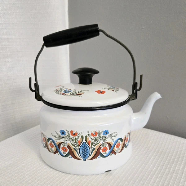 Vtg Enamelware Teapot Tea Kettle Pennsylvania Dutch Look Folk Art READ
