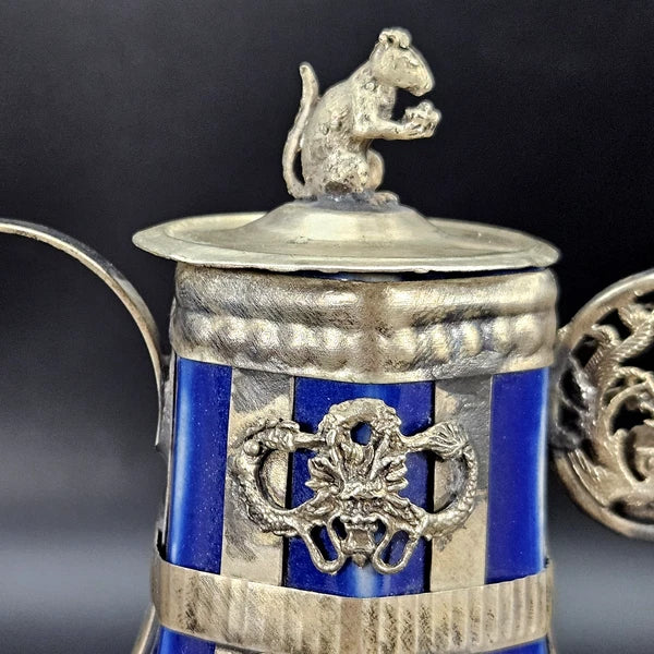 Vintage Chinese Blue Enamel Dragon Ewer Teapot w/ Rat Finial