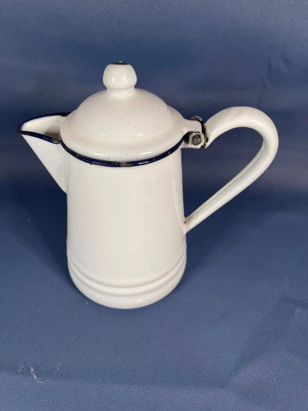 Enamelware Small 6 1/2" Coffee / Tea Pot White/Black Trim. RARE Find! 4736