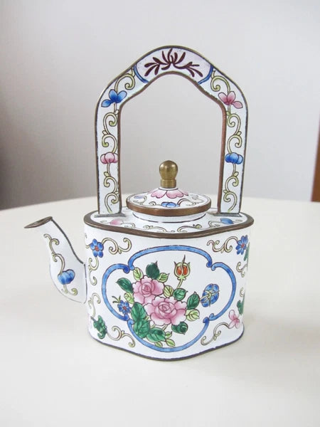 Kelvin Chen Enamel Miniature Teapot No. 868 Floral Roses Tall Handle