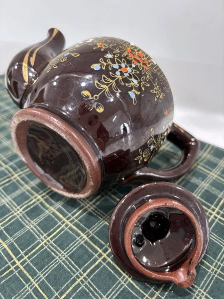 Brown Betty Redware Teapot Occupied Japan Moriage Enamel Hand Painted Vintage