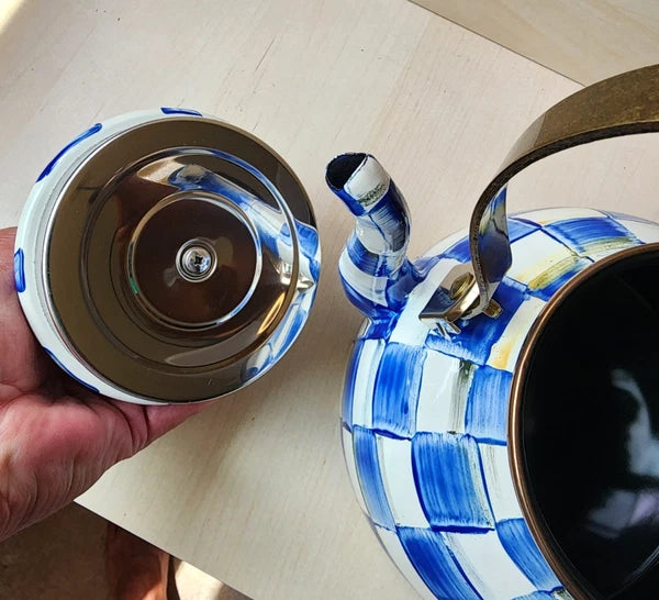 💙 Mackenzie Childs Blue Royal Check Enamel Tea Kettle Teapot - New