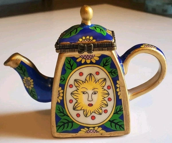 Minature Porcelain Sunflowers Blue, Yellow & Green Teapot "Friendship Trinket"