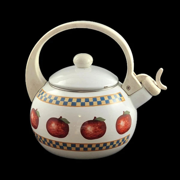Vintage Enamel Tea Pot Country Orchard Farmhouse Apples Vtg Metal Kettle Teapot