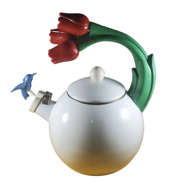 Vintage Teapot Ancona Hummingbird Tulips Kettle White w Red Green Blue Tea Pot