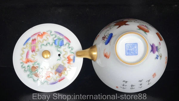 4.4" Qianlong Marked Old Chinese Enamel Porcelain Bat Flower Teapot Teakettle