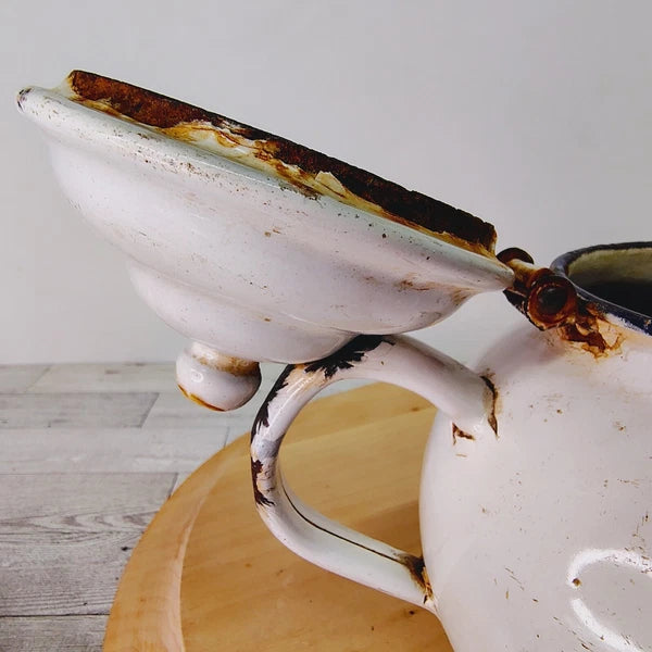 Vtg Enamelware Teapot Kettle Farmhouse Decor Rustic Kitchen White Primitive