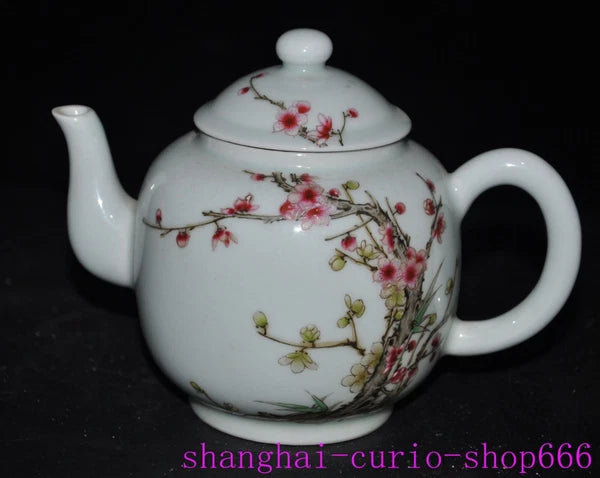 6.4"Qing Dynasty Qianlong enamel porcelain Plum blossom Tea set Teapot statue