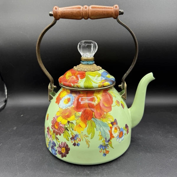 MacKenzie-Childs Green Flower Market Enamel 2qt Tea Pot Kettle Wood Handle EUC