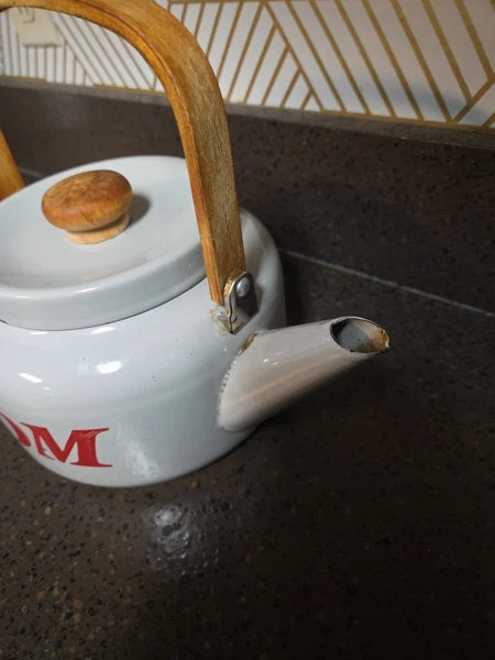 Vintage Enamelware White Teapot Tea Kettle MOM 70's
