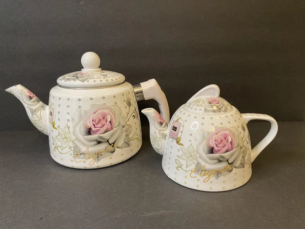 Elegance Enamel Kettle Teapot Handle Pink Rose Perfume Pattern