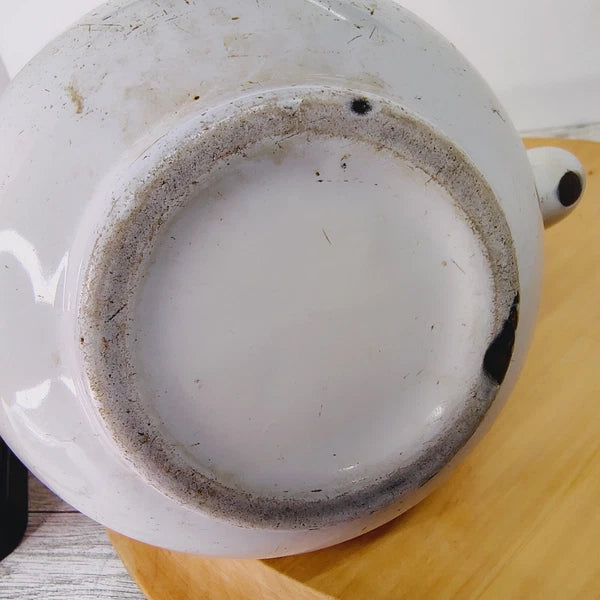 Vtg Enamelware Teapot Kettle Farmhouse Decor Rustic Kitchen White Primitive