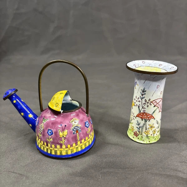 Vintage Empress Art Miniature Enamel &Brass Tea Pot And Bud Vase