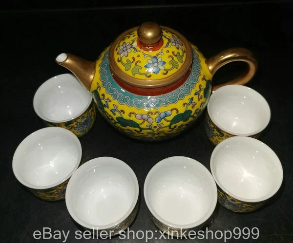 8" Old Chinese Qing dynasty Enamel Porcelain Gilt flower Tea pot Cup set