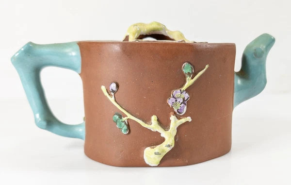 Antique Vintage Chinese Yixing Zisha Bamboo Form Teapot With Enamel
