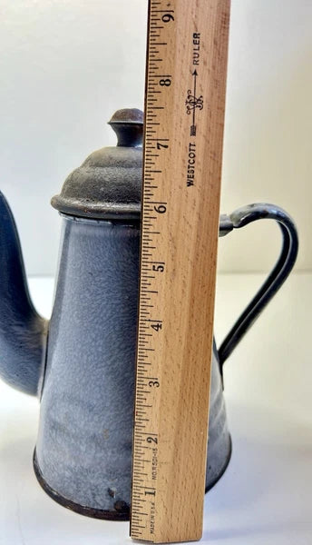ANTIQUE Grey Enamel Graniteware TEA POT  8 1/2” Tall Goose Neck Spout