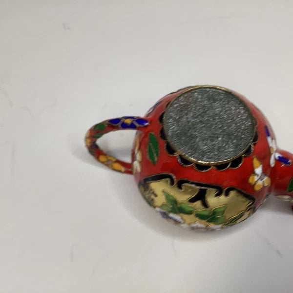 Vintage Miniature Enamel Cloisonné Red Teapot Floral 4" Tall