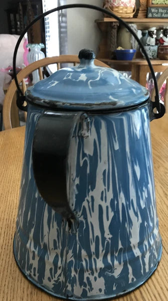 Vintage Antique Blue White Swirl Enamel Coffee Tea Pot Cowboy Kettle 11” Large