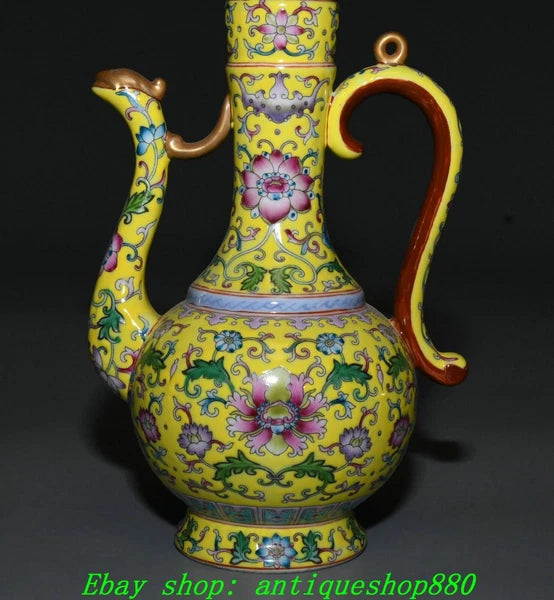 9.8''Qing Yongzheng Enamel Colour Porcelain Gilt Portable Wine Tea Pot Flagon