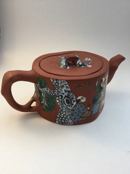 EXCELLENT CHINESE YIXING ZISHA SCHOLAR ENAMEL TEAPOT 3”H marked