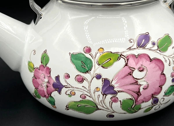 GAILSTYN SUTTON Vintage Enamel Ware Metal Teapot 1983 Floral Foliage II EUC