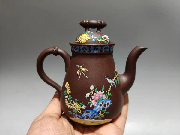 Yixing Teapot Handmade Bird Flower Enamel Traditional Art