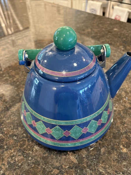 Phalzgraph Enamel Tea Pot 10" Tall 8" Diameter Blue with Green Diamonds