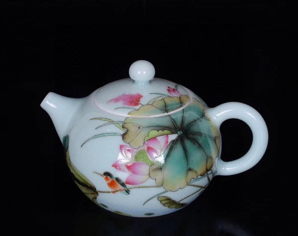 Chinese Enamel Color Porcelain Handmade Exquisite Flower Bird Teapot