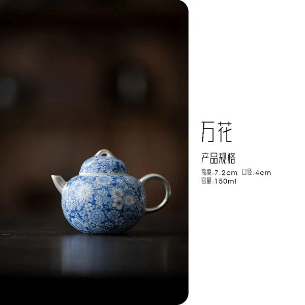 150ml Chiense Blue and White Teapot Enamel Colored Gilded Silver Pot Tea Maker