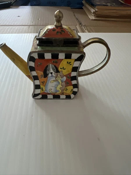 KELVIN CHEN Enamel Mini Copper Hand paint Teapot Cat And Dog Pattern
