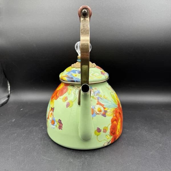 MacKenzie-Childs Green Flower Market Enamel 2qt Tea Pot Kettle Wood Handle EUC