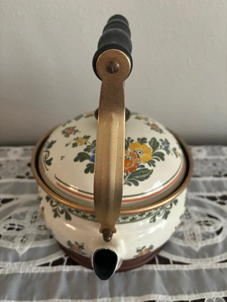 ASTA Enamelware Tea Kettle 1960s Amsterdam Teapot Brass Handles Floral 🌺