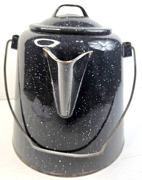 Vintage Black Enamelware Coffee Pot With Speckled Design Lid Camping Tea Kettle