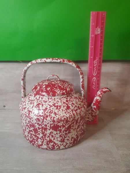 VTG Red Enamelware Splatter Graniteware Tea Kettle Teapot