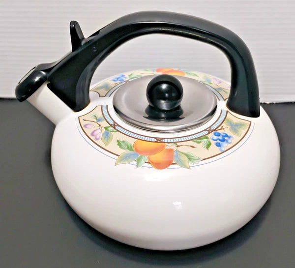 Vintage MIKASA Garden Harvest 2.5qt Whistling Tea Kettle Pot Stovetop Enamelware