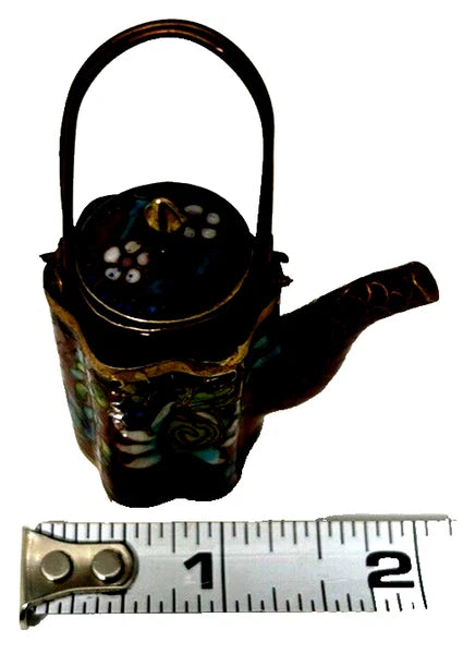 Vintage CHINESE CLOISONNE Brass and Enamel BROWN Miniature TEAPOT Floral Lid