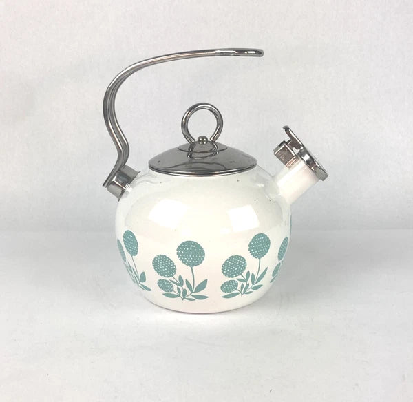 Vintage World Market Whistling Teapot Kettle w Dandelion Design White Blue Green