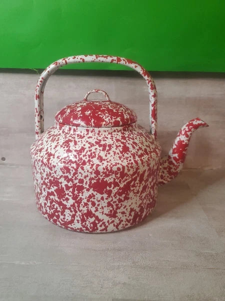VTG Red Enamelware Splatter Graniteware Tea Kettle Teapot
