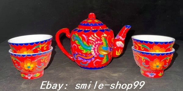 4.5" Qianlong Enamel Colour Porcelain Dragon Phoenix Beast Tea Pot Cup Set