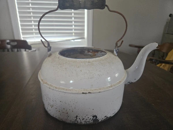 ENAMEL White Antique Tea Kettle Pot Wood Handle-No Lid