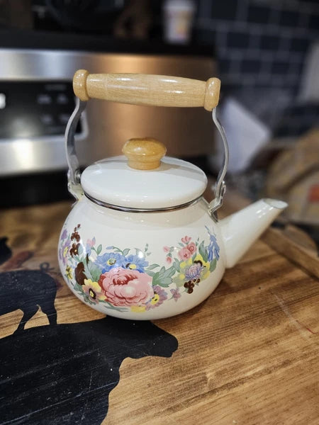Vintage enamelware Cream / flowers tea kettle w wood handle - farmhouse-country