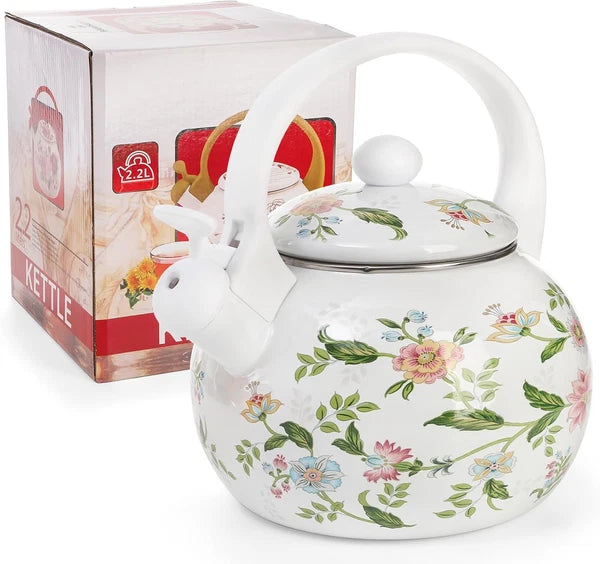 2.3 Quart Vintage Enamel Tea Kettle Whistling Tea Kettle for Stove Top Floral